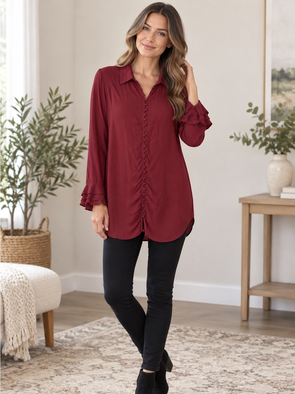 Soft Surroundings Burgundy Wine Red Embellished Button-Front Blouse